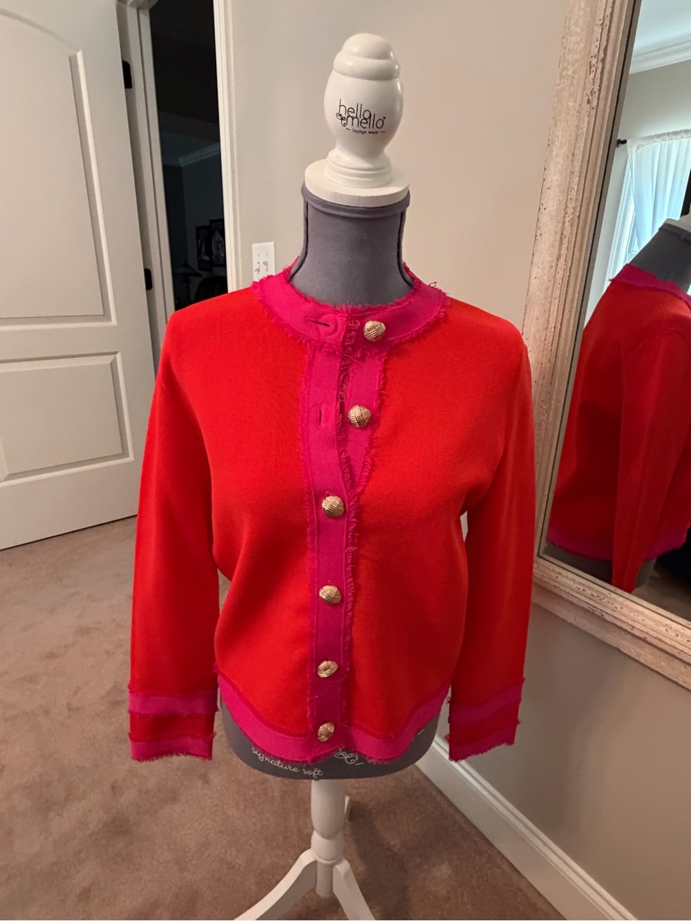 Vilagallo Red Cardigan with Pink Fringe Trim and Gold Buttons